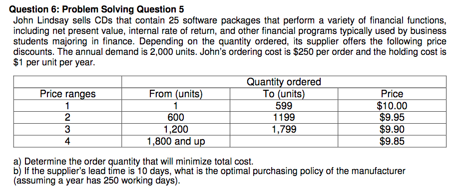 Question 6: Problem Solving Question 5 John Lindsay sells CDs that contain 25 software packages that perform a variety of financial functions, including net present value, internal rate of return, and other financial programs typically used by business students majoring in finance. Depending on the quantity ordered, its supplier offers the following price discounts. The annual demand is 2,000 units. Johns ordering cost is $250 per order and the holding cost is $1 per unit per year. Price ranges 2 4 Quantity ordered To (units 599 1199 1,799 Price $10.00 $9.95 $9.90 $9.85 From (units 600 1,200 1,800 and u a) Determine the order quantity that will minimize total cost b) If the suppliers lead time is 10 days, what is the optimal purchasing policy of the manufacturer (assuming a year has 250 working days).