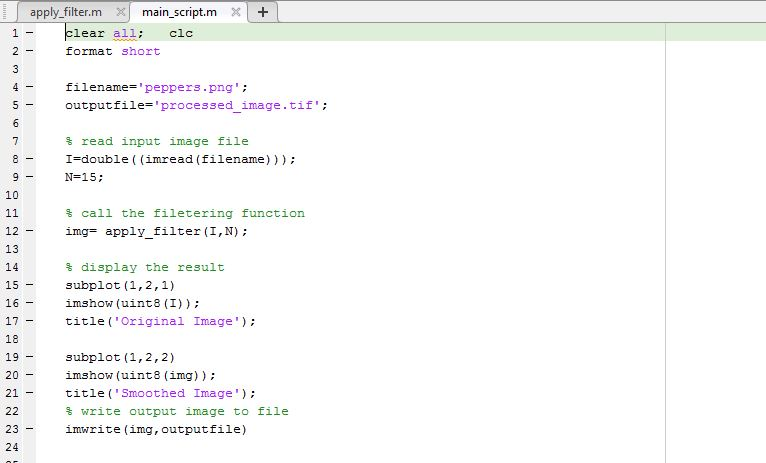apply filter.m main_script.m X+ lear all clc format short filename-peppers.png outputfile processed image.tif % read inpu