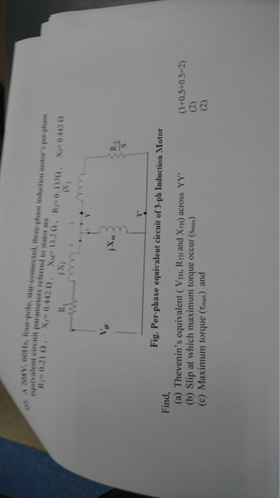 A 0NV, Gotts, our-pole, star conmected, thuee phase induction motoes per phase oquivalent circuit parameters referred to stator are .-044261, Xu-13.2 Ω , iX) R 2 Fig. Per-phase equivalent circuit of 3-ph Induction Motor Find (a) Thevenins equivalent (VTHI, RTH and XTH) across YY (b) Slip at which maximum torque occur (Smax) (c) Maximum torque (Tmax) and