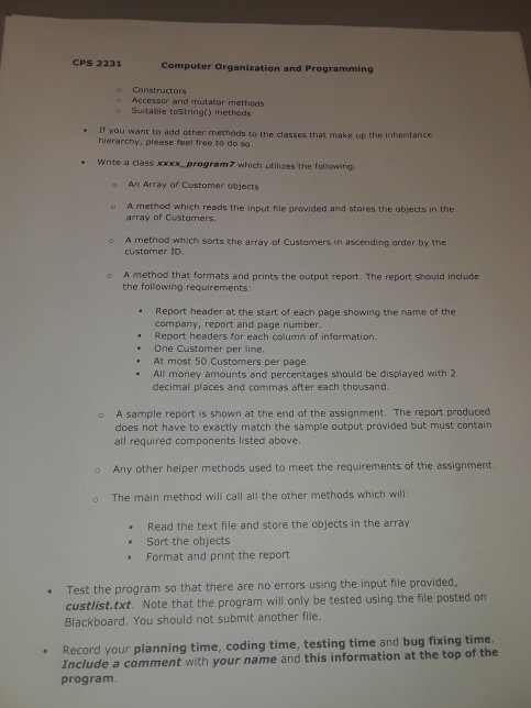 CPS 2231 Computer Organization and Programming o Constructors o Accessor and mutator methods o Suitable toString) methads . I