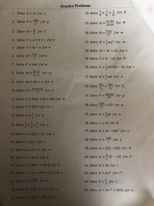 Solved Practice Problems 1 Solve D Rt For R 2 Solve P 1 Chegg Com
