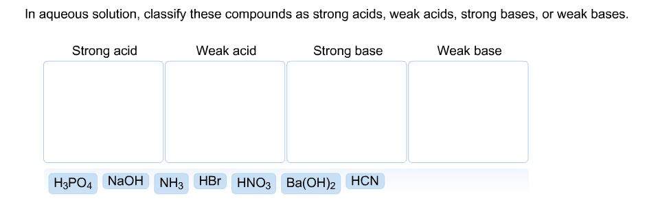 In aqueous solution, classify these compounds as