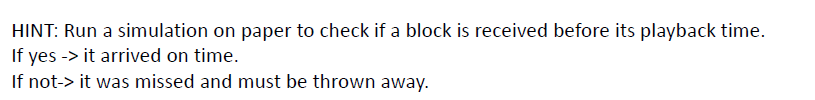 HINT: Run a simulation on paper to check if a block is received before its playback time. If yes -> it arrived on time. If no