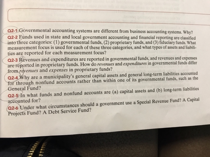 a2-1 Governmental accounting systems are different from business accounting systems, Why? 02-2 Funds used in state and local government accounting and financial reporting are classified into three categories: (1) governmental funds, (2) proprietary funds, and (3) fiduciary funds. What measurement focus is used for each of these three categories, and what types of assets and liabili- ties are reported for each measurement focus? 02-3 Revenues and expenditures are reported in governmental funds, and revenues and expenses are Teported in proprietary funds. How do revenues and expenditures in governmental funds differ revenues and expenses in proprietary funds? 02-4 Why are a municipalitys general capital assets and general long-term liabilities accounted for through nonfund accounts rather than within one of its goveramental tunds, such as 023 in what funds and nonfund accounts are (a) capital asses and (b) long-term lablitis General Fund? accounted for? 32-6 Under what circumstances should a government use a Special Revenue Fund? A Capital jects Fund? A Debt Service Fund?