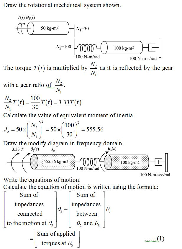 Draw the rotational mechanical system shown TU) θ1(t) 50 kg-m N-30 N2-100 100 kg-m2 100 N-m/rad 100 N-m-s/rad The torque T(t)