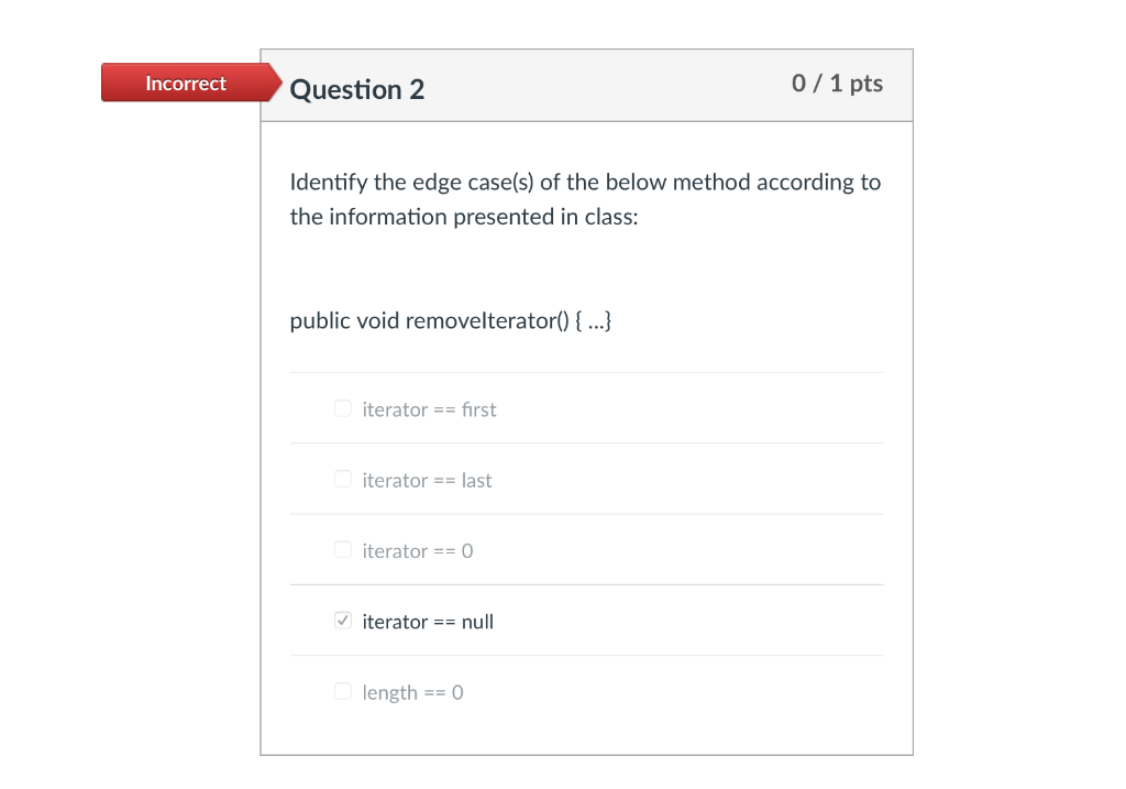 0/1 pts Incorrect Question 2 Identify the edge case(s) of the below method according to the information presented in class: p