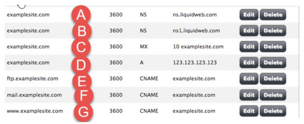 3600 NS examplesite.com ns.liquidweb.com ns 1.liquidweb.com 10 examplesite.com Edit Delete 3600 NS examplesite.com Edit Delet