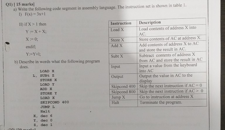 Q1) 1 15 marks] a) Write the following code segment in assembly language. The instruction set is shown in table 1. I) F(x) 3x