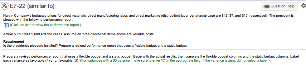 E7-22 (similar to) question help harvin companys budgeted prices for direct materials, direct manufacturing labor, and direct marketing (distribution) labor per attaché case are $42, $7, and $10, respectively. the president is pleased with the following performance report: ?(click the icon to view the performance report.) actual output was 9,800 attaché cases. assume all three direct-cost items above are variable costs. requirement is the presidents pleasure justified? prepare a revised performance report that uses a flexible budget and a static budget. prepare a revised performance report that uses a flexible budget and a static budget. begin with the actual results, then complete the flexible budget columns and the static budget columns. label each variance as favorable (f) or unfavorable (u). (for variances with a so balance, make sure to enter o in the appropriate field. if the variance is zero, do not select a label.)