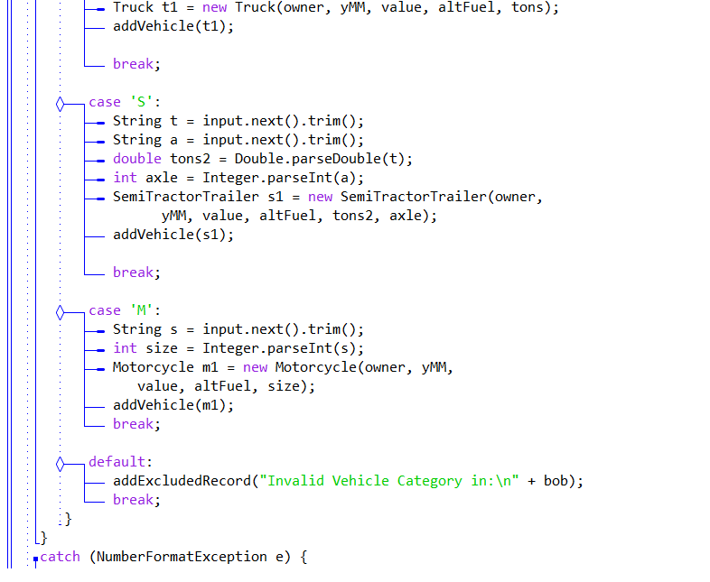 Truck t1new Truck (owner, yMM, value, altFuel, tons); addVehicle(t1); break case S String tinput.next().trim(); String a -i