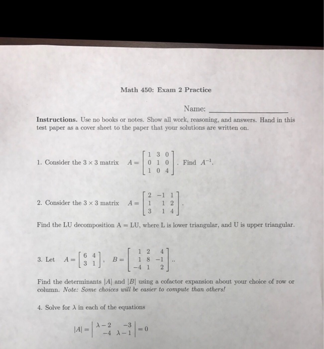 Solved: Math 450: Exam 2 Practice Name: Instructions. Use ... | Chegg.com