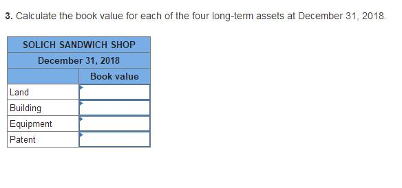 3. calculate the book value for each of the four long-term assets at december 31, 2018. solich sandwich shop december 31, 201