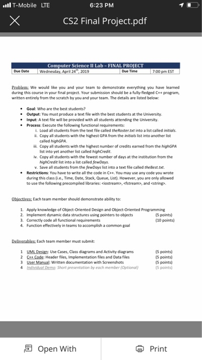 l T-Mobile LTE 6:23 PM CS2 Final Project.pdf Computer Science II Lab-FINAL PROJECT il 24 2019 7-00 pm ES Due Date Due Time Pr