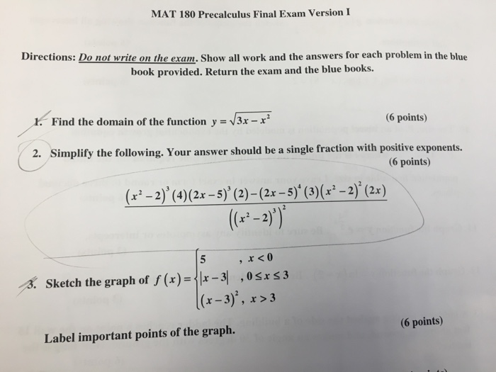 Solved Mat 180 Precalculus Final Exam Version I Direction