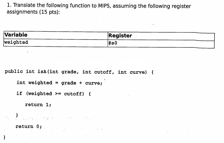 1. Translate the following function to MIPS, assuming the following register assignments (15 pts): Variable weighted Register