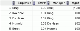 国EmployeeEMP# Managera Mgr# (null) 100 100 - 1 King 2 Kochhar 3 De Haan 4 Hunold 5 Ernst 100 (null) 101 King 102 King 103 De Haan 104 Hunold 102 103