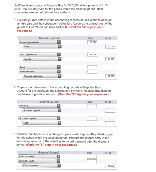 Solved Golf World Sold Goods To Repulse Bay For 37 000 Chegg Com