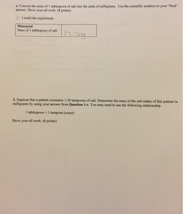Solved Convert The Mass Of 1 Tablespoon Of Salt Into The Chegg Com