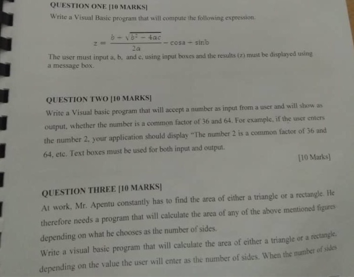 QUESTION ONE 110 MARKSI Write a Visual Basic program that will compute the following expression. cosa sinb 2a The user must i