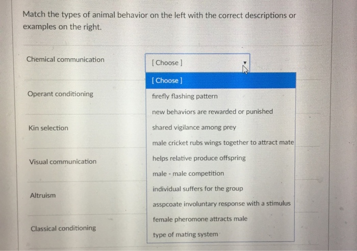 Solved Match the types of animal behavior on the left with 
