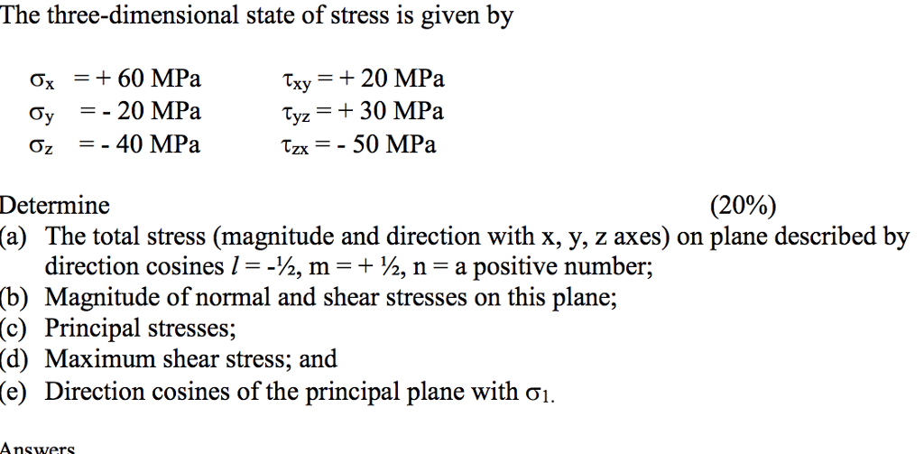 Solved The Three Dimensional State Of Stress Is Given By Chegg Com