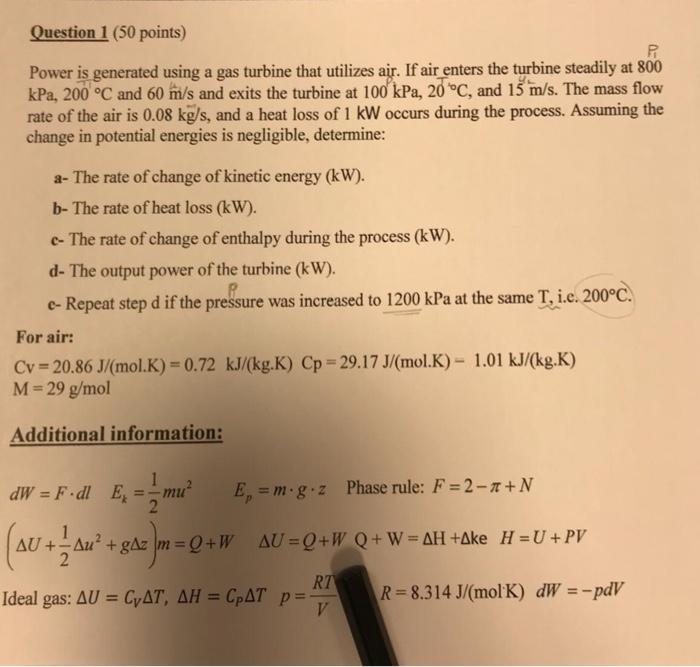 Question 1 50 Points Power Is Generated Using A Gas Chegg Com