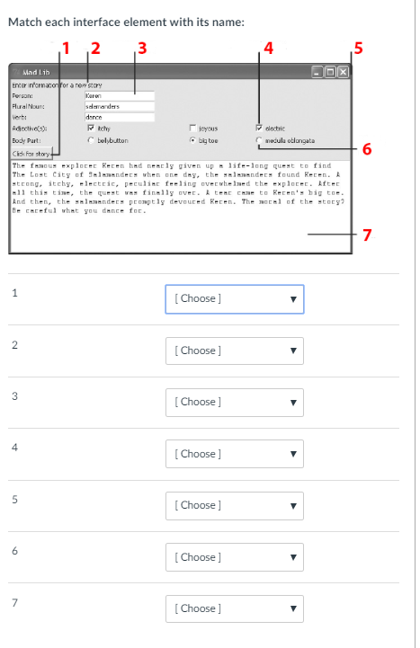 Match each interface element with its name: 4 5 Mad Li Flural Noun joyous C belybutton medula otlcngata Eody Part 6 Cidk far