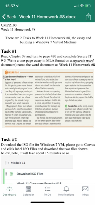 12:57 < Back Week 11 Homework #8.docx CMPR100 Week 11 Homework #8 There are 2 Tasks to Week 1 1 Homework #8, the essay and bu