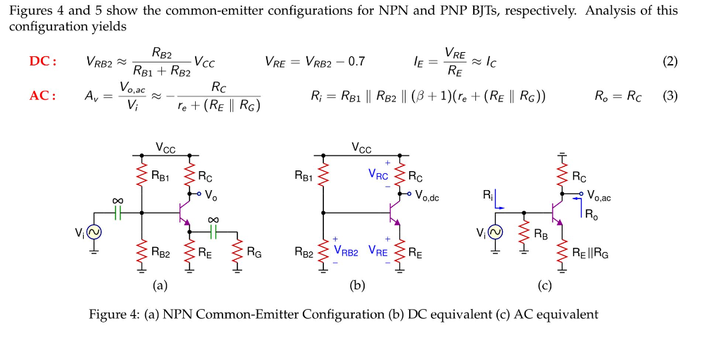 Figures 4 and 5 show the common-emitter configurations for NPN and PNP BJTs, respectively. Analysis of this configuration yields RE B2Vco VRE VRB2 0.7 RB2RB1 RB2 o,ac Vcc Vcc B1 о,ас o,dc RERG Figure 4: (a) NPN Common-Emitter Configuration (b) DC equivalent (c) AC equivalent
