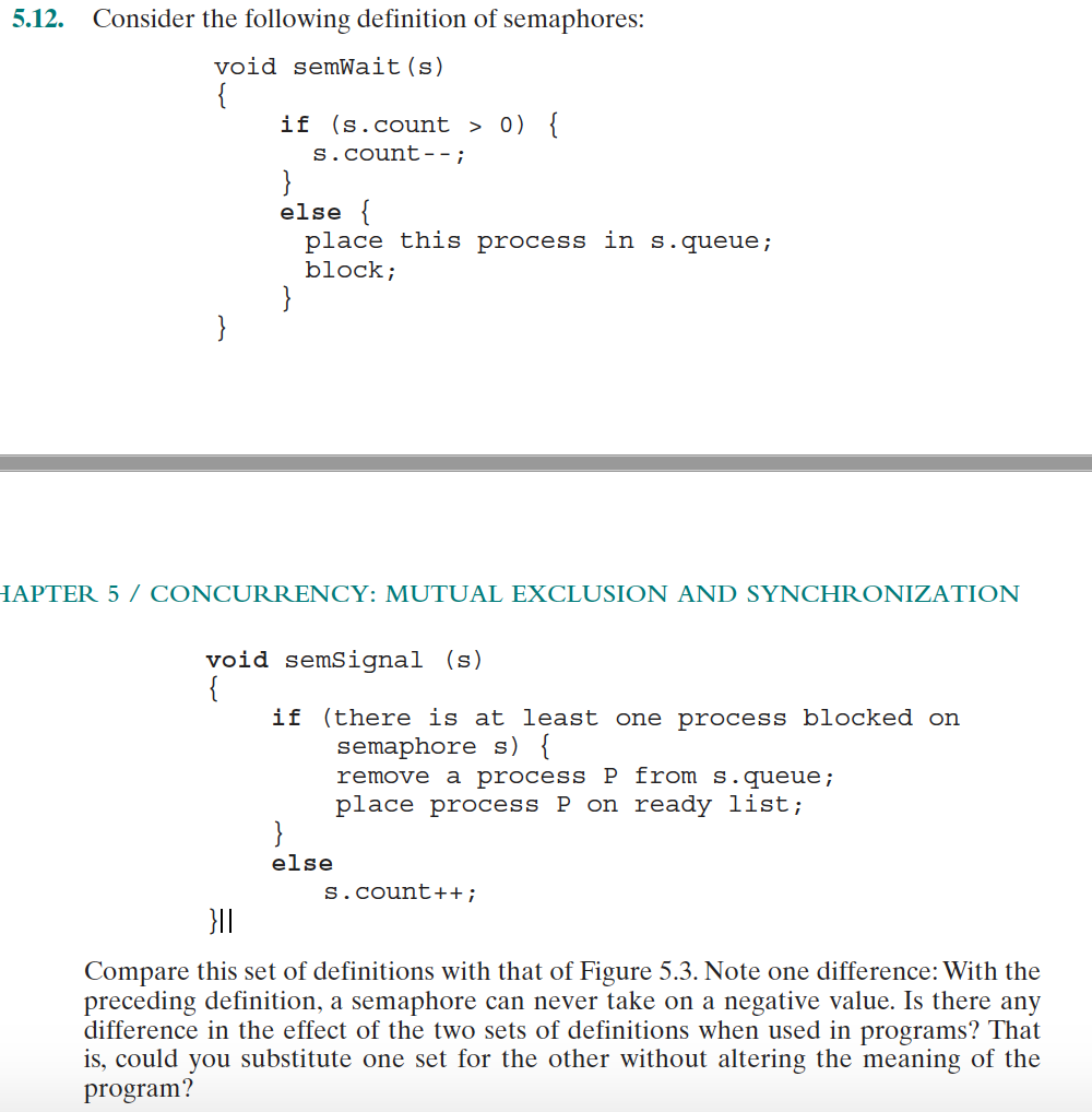 5.12. Consider the following definition of semaphores: void semWait (s) if (s.count > o) f s.count- else place this process i