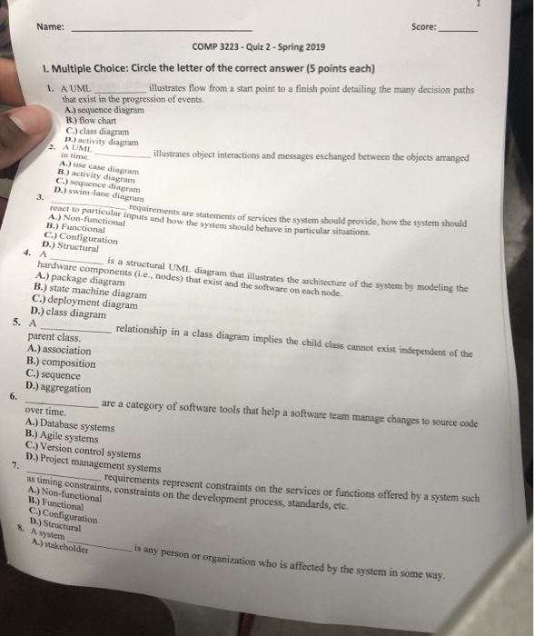 Score: Name: COMP 3223-Quiz 2-Spring 2019 . Multiple Choice: Circle the letter of the correct answer (5 points each) 1. A UM