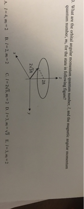 0. What are the orbital angular momentum quantum number, /, and the magnetic angular momentum quantum number, mi, for the state in following figure? 2h 2v3h - 2, mi