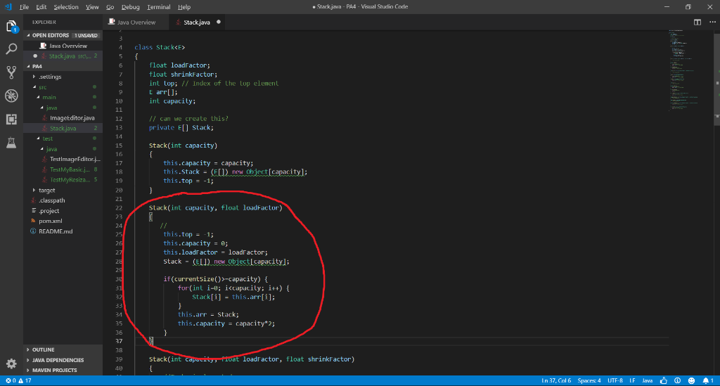 g Eile Edit Selection Yiew o Debug Ierminal Help Stack.java- PA4 - Visual Stuxtio Code Java Overview OPEN EDITORSUNSAVED lava