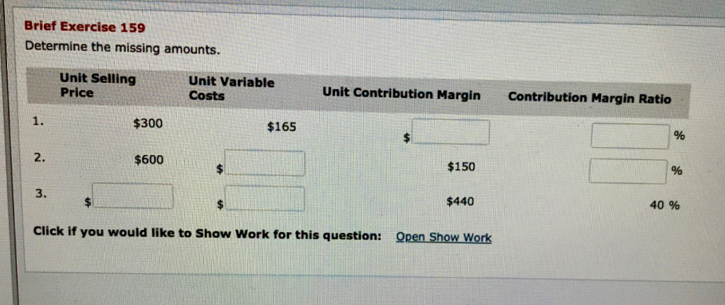 Brief exercise 159 determine the missing amounts. unit selling price unit variable costs unit contribution margin contribution margin ratio 1. $300 $165 2. $600 $150 3. $440 40% click if you would like to show work for this question: open show work