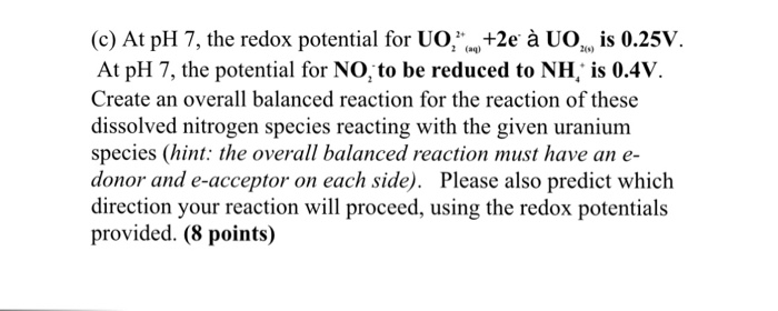 Solved C At Ph 7 The Redox Potential For Uo 2e A U Is Chegg Com