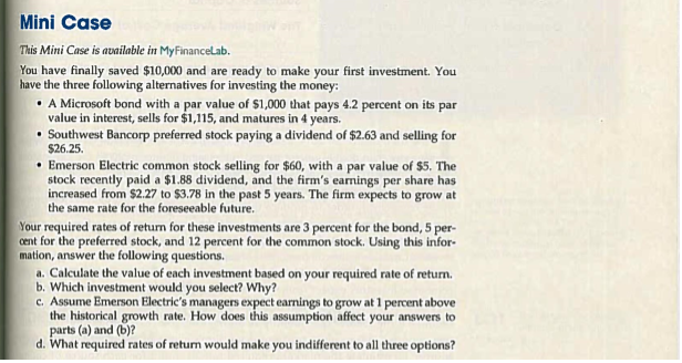 Bond and stock valuation homework mini case picture