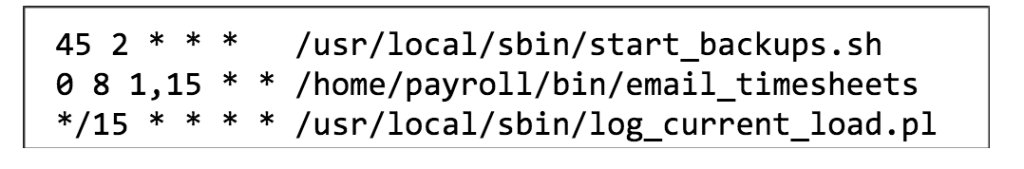 45 2 * */usr/local/sbin/start_backups.sh 0 8 1,15 * * /home/payroll/bin/email_timesheets */15 * * * * /usr/local/sbin/log_cur