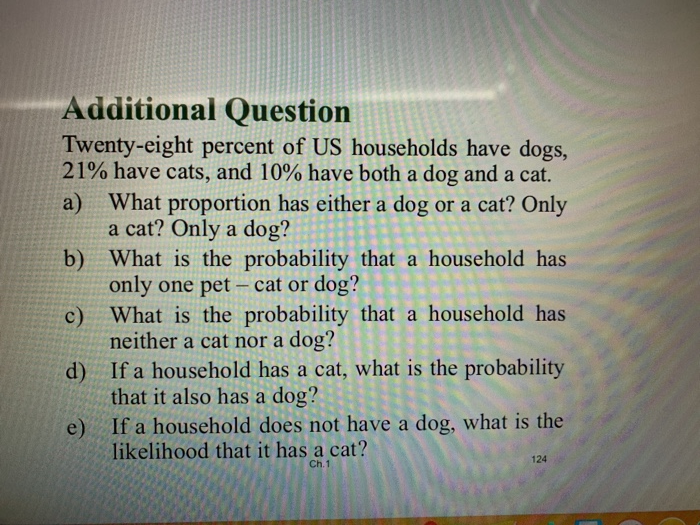 Additional Question Twenty-eight percent of US households have dogs, 21% have cats, and 10% have both a dog anda cat. a) What