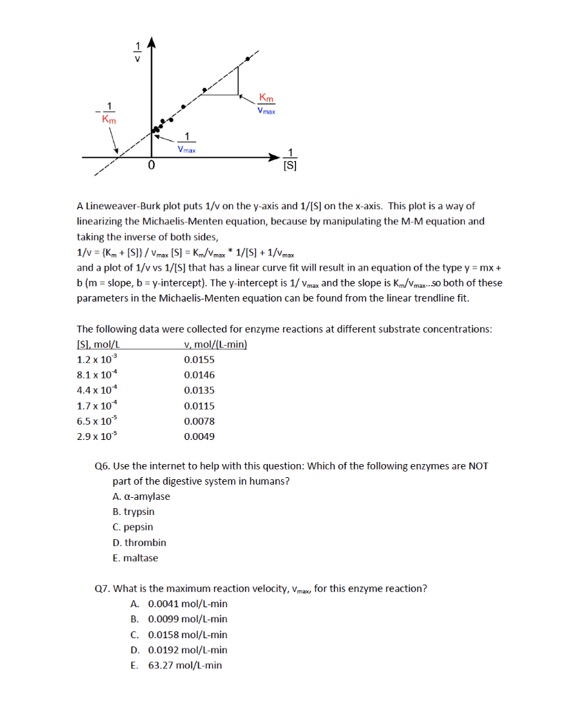 Solved Km Vmax 0 Sl A Lineweaver Burk Plot Puts 1 V On T Chegg Com