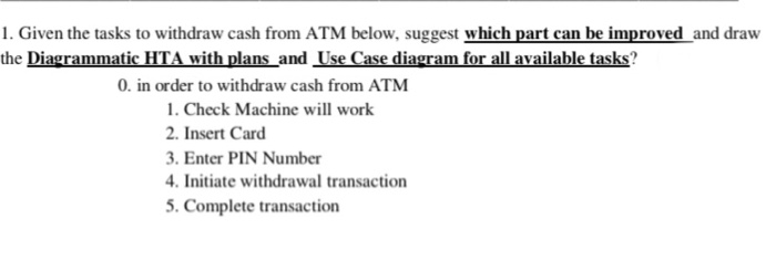 1. Given the tasks to withdraw cash from ATM below, suggest which part can be improved and draw the Diagrammatic HTA with plans_and Use Case diagram for all available tasks? 0. in order to withdraw cash from ATM 1. Check Machine will work 2. Insert Card . Enter PIN Number 4. Initiate withdrawal transaction 5. Complete transaction