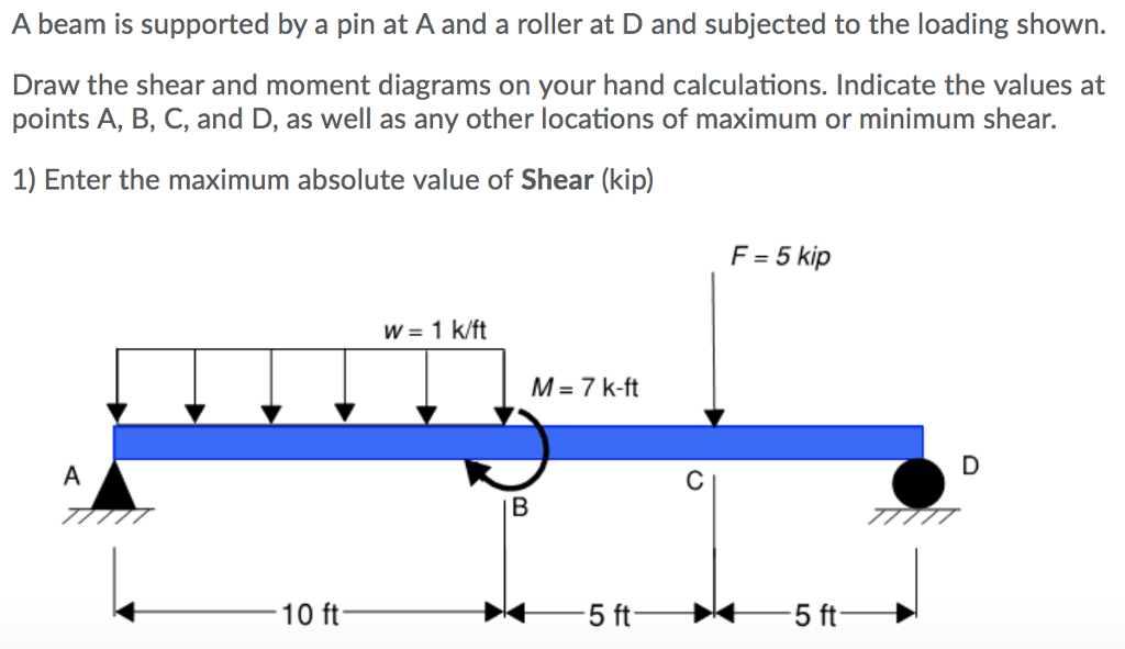 A beam is supported by a pin at A and a roller at D and subjected to the loading shown. Draw the shear and moment diagrams on your hand calculations. Indicate the values at points A, B, C, and D, as well as any other locations of maximum or minimum shear. 1) Enter the maximum absolute value of Shear (kip) F-5 kip W-1 k/ft M- 7 k-ft 10 ft