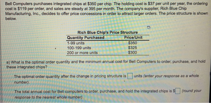 Bell Computers purchases integrated chips at $350 per chip. The holding cost is $37 per unit per year, the ordering cost is $119 per order, and sales are steady at 395 per month. The companys supplier, Rich Blue Chip Manufacturing, Inc., decides to offer price concessions in order to attract larger orders. The price structure is shown below Rich Blue Chips Price Structure Quantity Purchased 1-99 units 100-199 units 200 or more units Price/Unit $350 $325 $300 a) What is the optimal order quantity and the minimum annual cost for Bell Computers to order, purchase, and hold these integrated chips? The optimal order quantity after the change in pricing structure isunits (enter your response as a whole number) The total annual cost for Bell computers to order, purchase, and hold the integrated chips is (round your response to the nearest whole number)