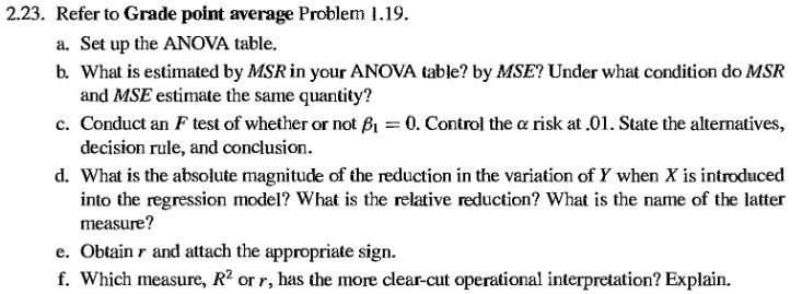 2.23. refer to grade point average problem .19. a. set up the anova table. b. what is estimated by msr in your anova table? by mse? under what condition do msr and mse estimate the same quantity? conduct an f test of whether or not ß1 decision rule, and conclusion c. 0. control the a risk at .01. state the alternatives, d. what is the absolute magnitude of the reduction in the variation of y when x is introduced into the regression model? what is the relative reduction? what is the name of the latter measure? e. obtain r and attach the appropriate sign. f. which measure, r2 or r, has the more clear-cut operational interpretation? explain.