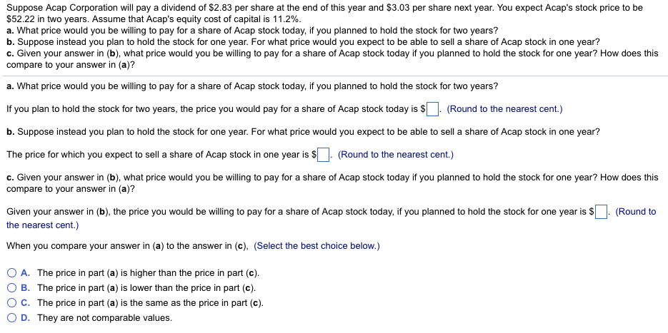 Solved Suppose Acap Corporation Will Pay A Dividend Of 2