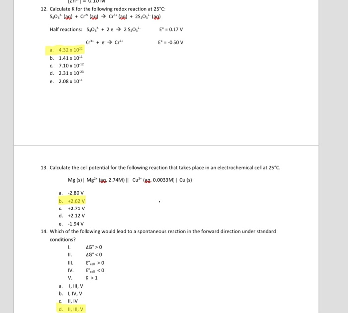 Solved 2ht O To V 12 Calculate K For The Following Redox Chegg Com