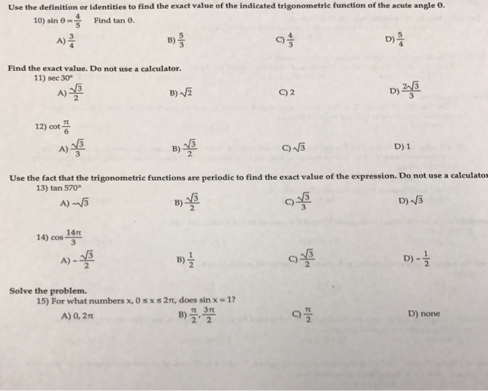 Definitions of the trigonometric functions of an acute angle.