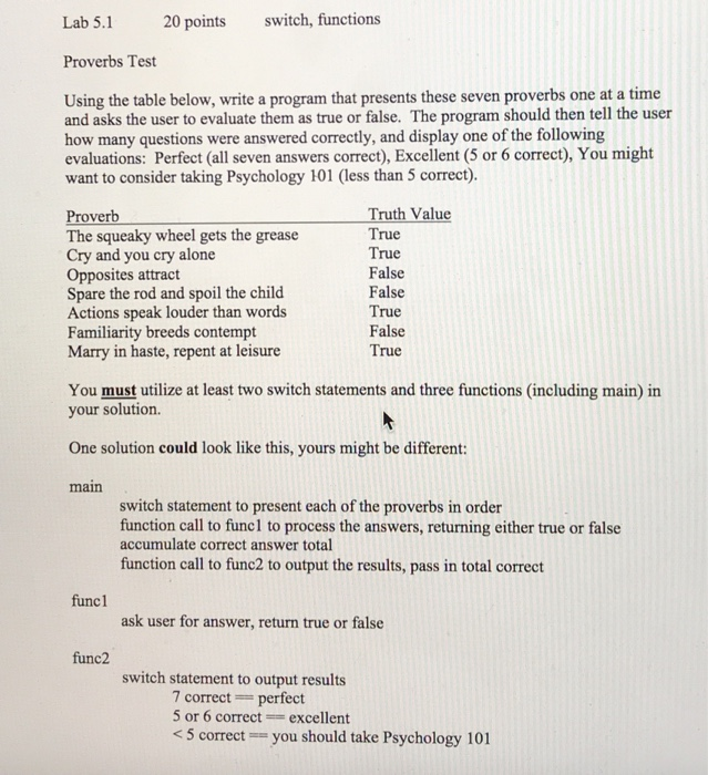 Lab 5.1 20 points switch,fiunctions Proverbs Test Using the table below, write a program that presents these seven proverbs one at a time and asks the user to evaluate them as true or false. The program should then tell the user how many questions were answered correctly, and display one of the following evaluations: Perfect (all seven answers correct), Excellent (5 or 6 correct), You might want to consider taking Psychology 101 (less than 5 correct). Proverb The squeaky wheel gets the grease Cry and you cry alone Opposites attract Spare the rod and spoil the child Actions 

<div class=