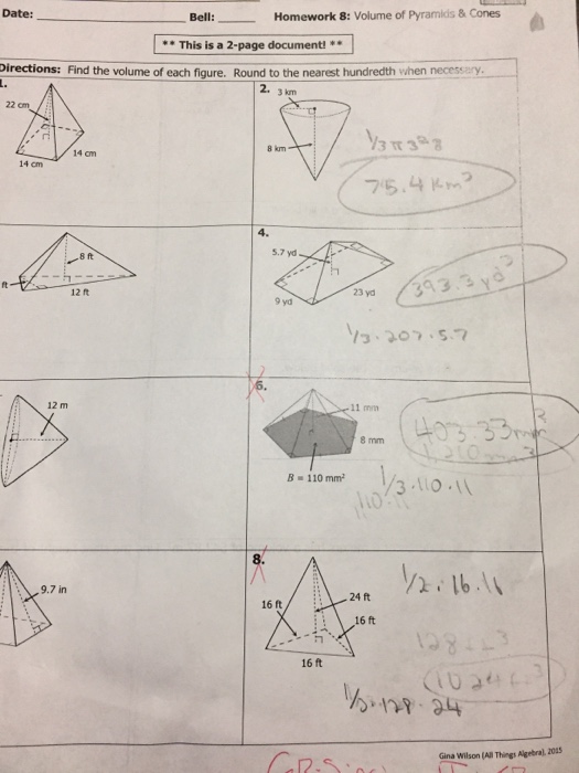 Surface area and volume of pyramids and cones worksheet answers picture