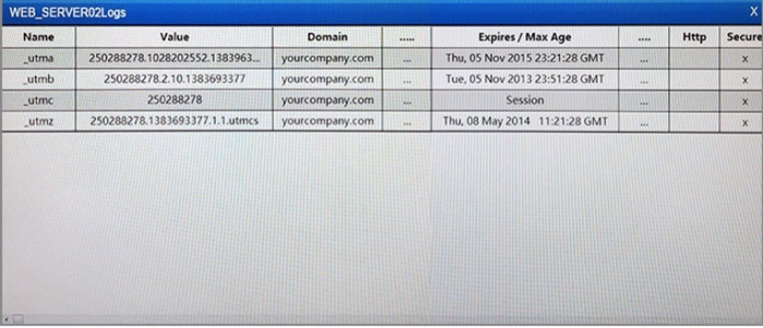 х Domain Http Secure WEB_SERVERO2Logs Name Value _utma 250288278.1028202552.1383963... utmb 250288278.2.10.1383693377 _utmc 2