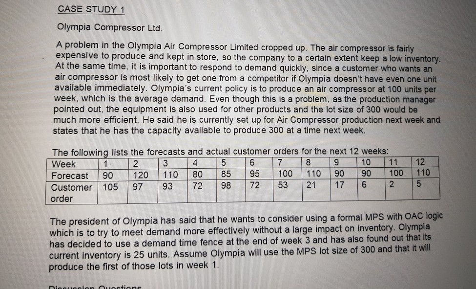 CASE STUDY 1 Olympia Compressor Ltd. A problem in the Olympia Air Compressor Limited cropped up. The air compressor is fairly expensive to produce and kept in store, so the company to a certain extent keep a low inventory. At the same time, it is important to respond to demand quickly, since a customer who wants an air compressor is most likely to get one from a competitor if Olympia doesnt have even one unit available immediately. Olympias current policy is to produce an air compressor at 100 units per week, which is the average demand. Even 

<div class=